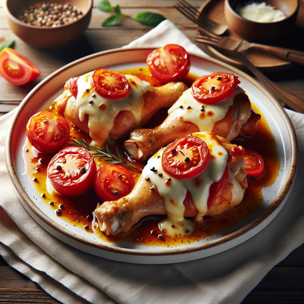 Überbackene Hühnerkeulen mit Mozzarella und Tomaten