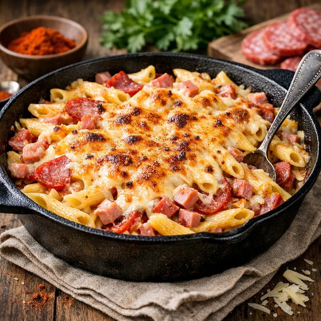 Überbackene Nudel-Schinken-Salami-Pfanne