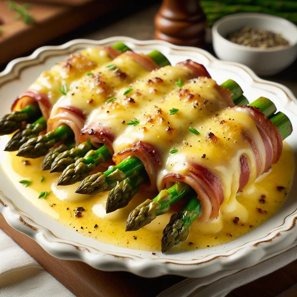 Überbackene Spargel-Fleischröllchen