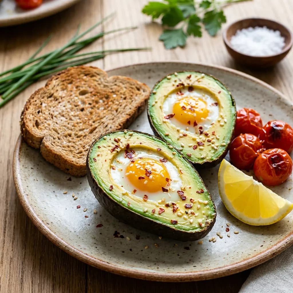 Œufs au four dans un avocat avec tartine complète