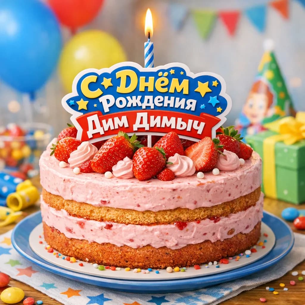 Бисквитный торт с клубничным кремом и свечой 'С Днём Рождения Дим Димыч'