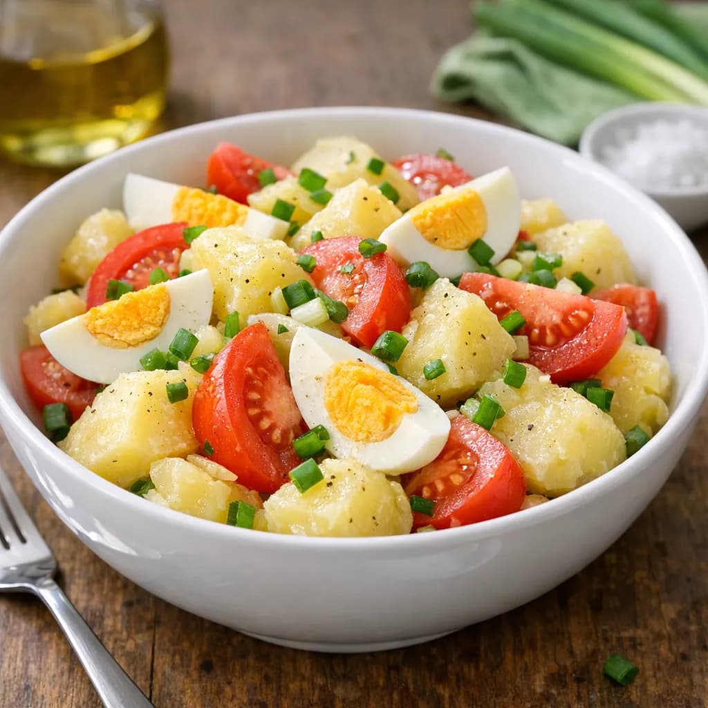 Картофельный салат с помидорами и яйцом