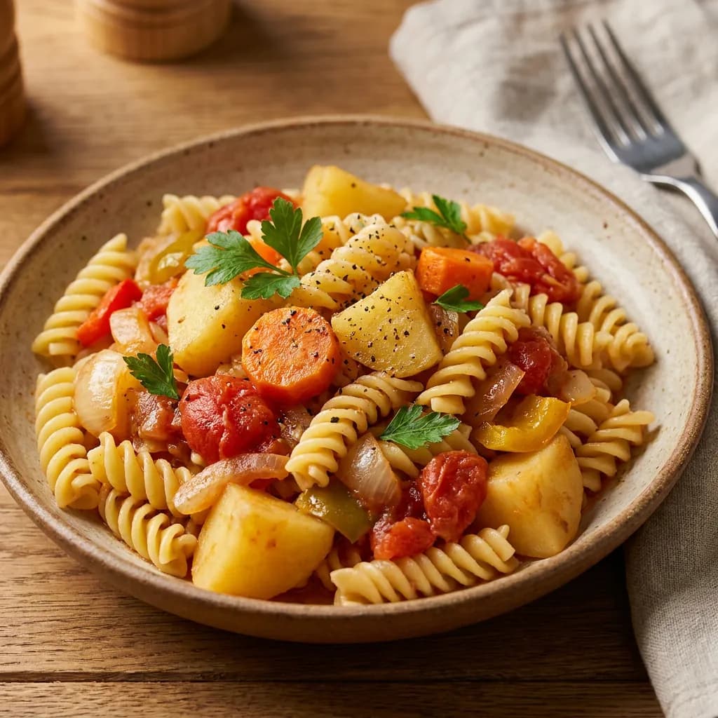 Макароны с овощным рагу из картофеля, лука, моркови, помидоров и болгарского перца