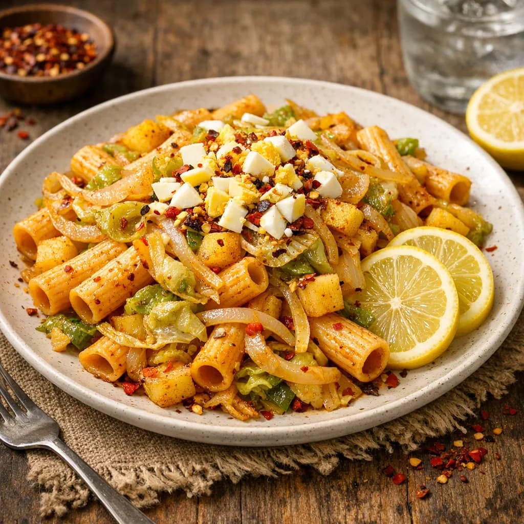 Острый макарон с капустой, луком и лимоном