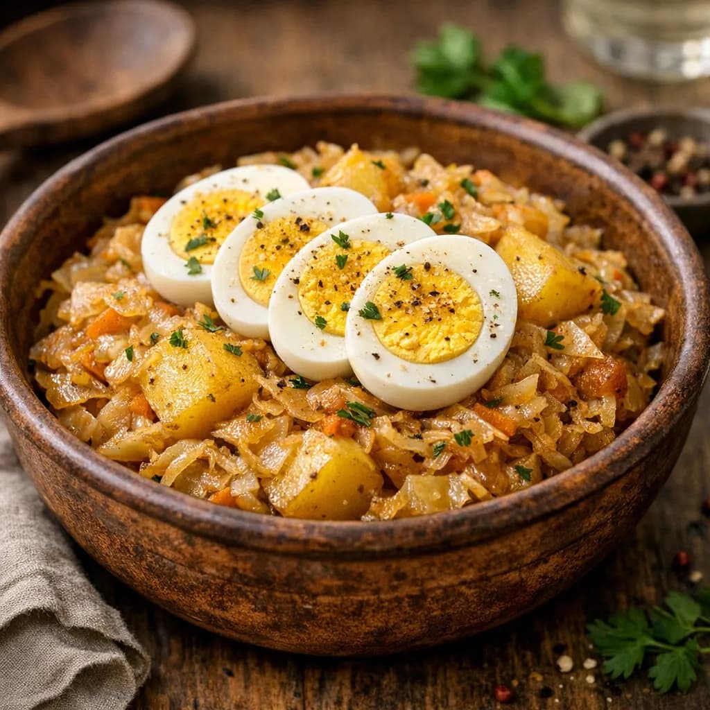 Тушёная капуста с картофелем и яйцом