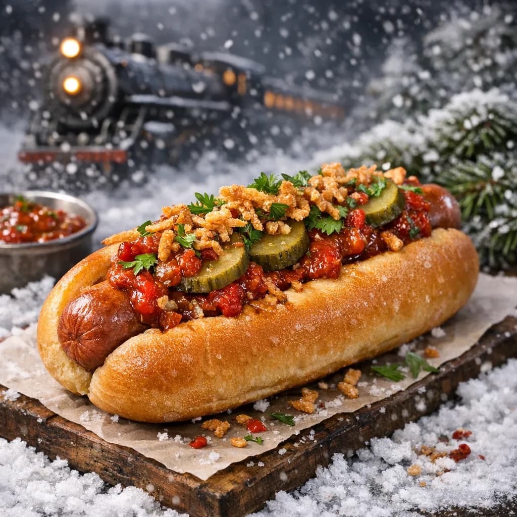 Хот-дог «Полярный экспресс» с говядиной и пряным соусом