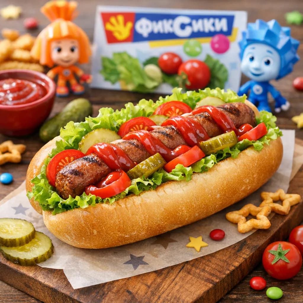 Хот-дог Фиксики с говядиной и свежими овощами