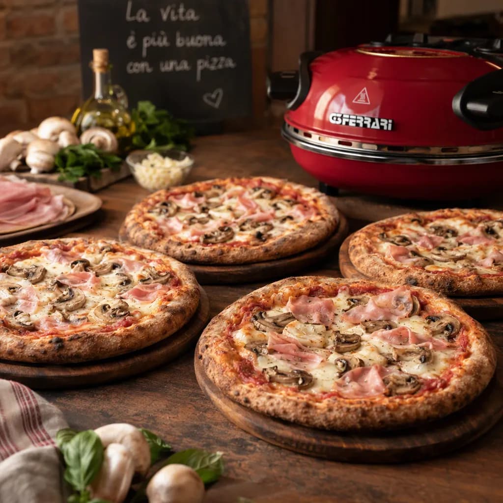 4 pizze integrali con funghi, prosciutto cotto e scamorza al G3 Ferrari