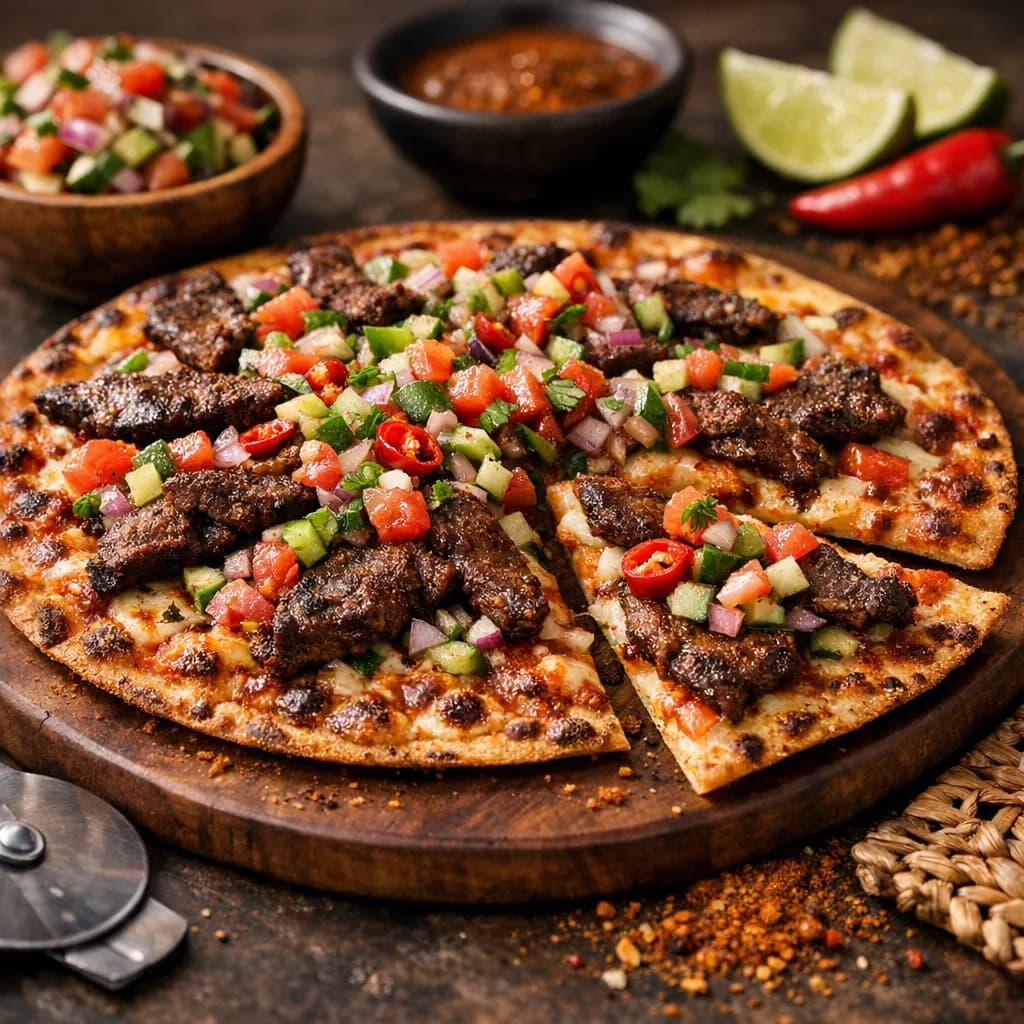 African Style Extra Crispy Thin Crust Pizza with Spicy Suya Beef and Kachumbari Salad