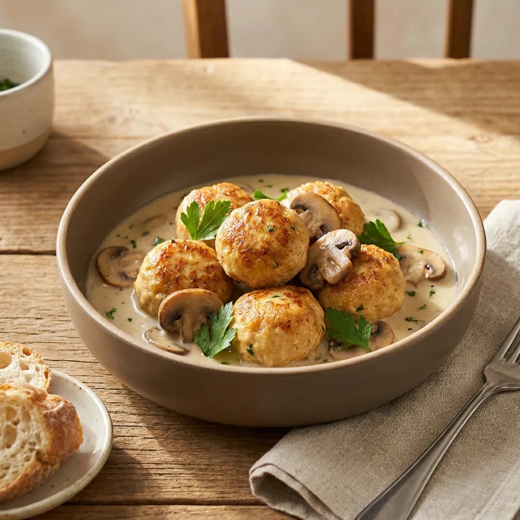 Albóndigas de pollo con salsa ligera de champiñones