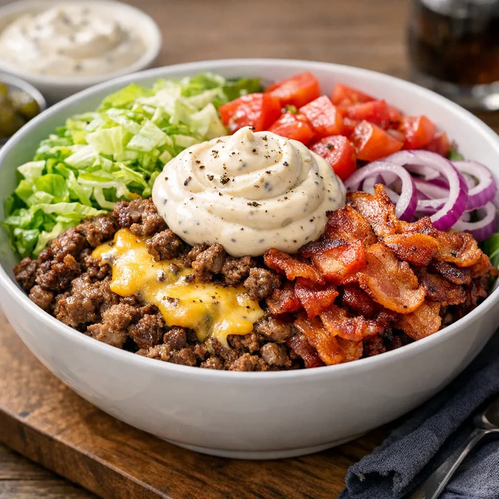 All American Brisket Bacon Burger Bowl with Truff Aioli