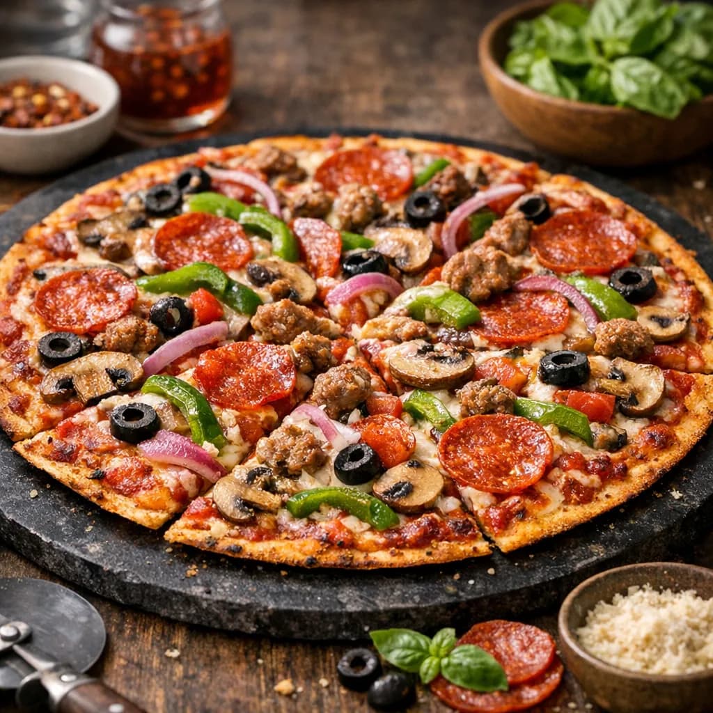 American Style Extra Crispy Thin Crust Supreme Pizza