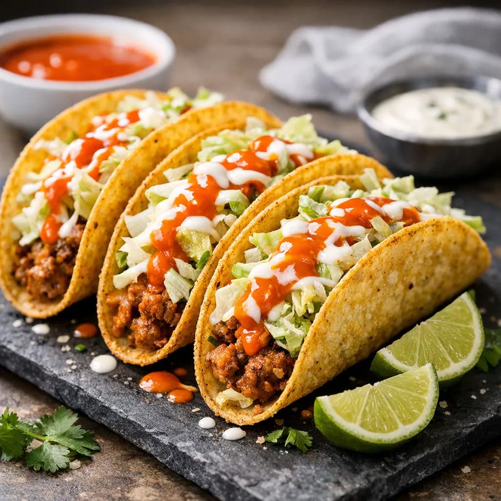 American-Style Crispy Corn Tortilla Tacos with Iceberg Lettuce and Buffalo Sauce