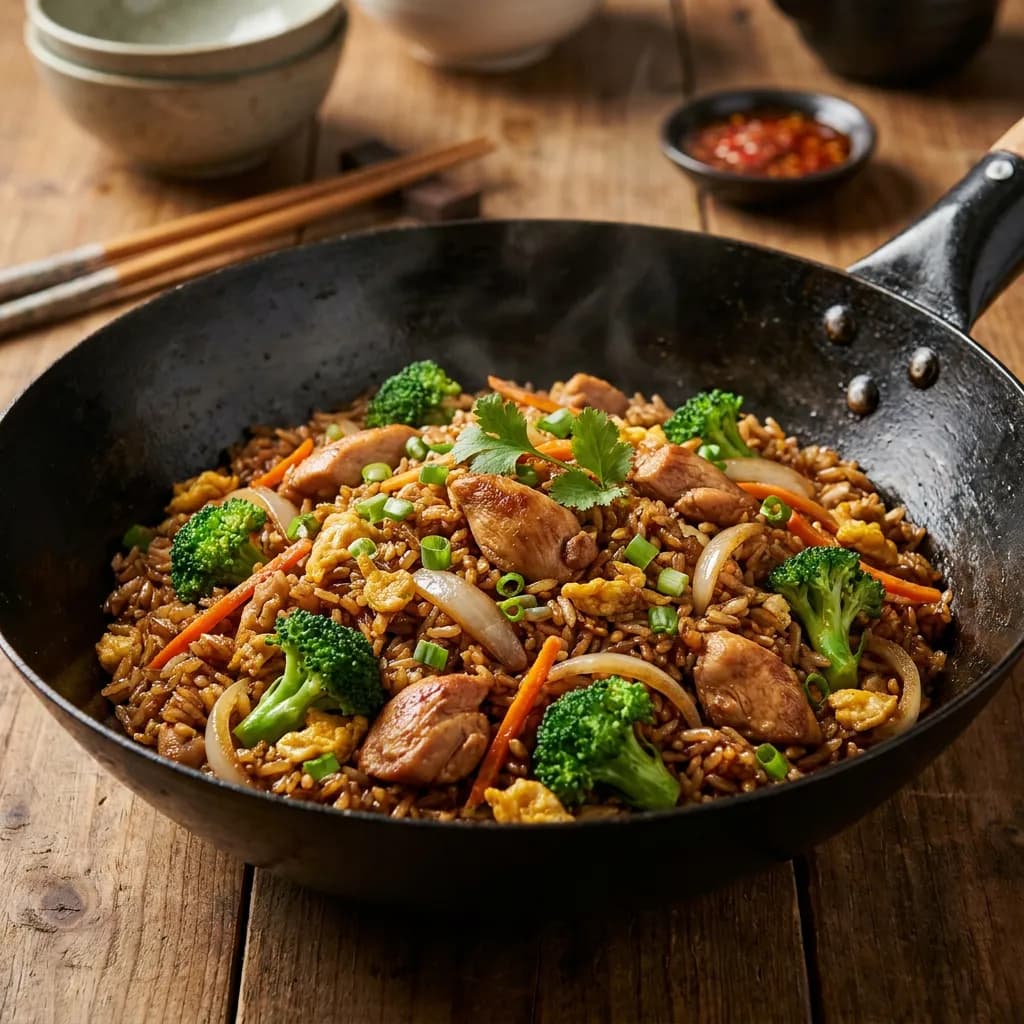 Arroz salteado con pollo, brócoli y cebolla al sillao