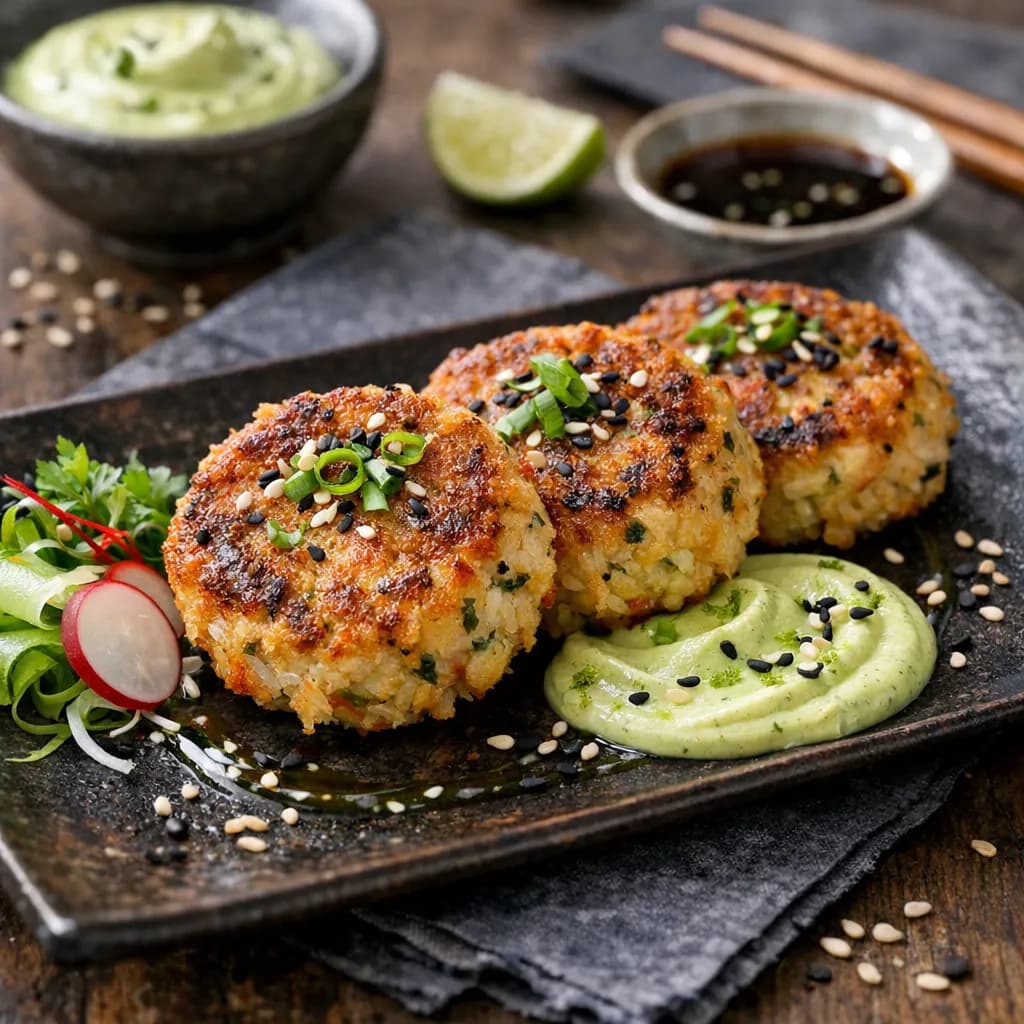 Asian Style King Crab Cakes with Wasabi-Lime Aioli