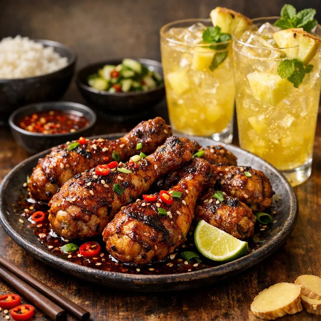 Asian Style Spicy Chicken Drumsticks with Pineapple Ginger Fizz