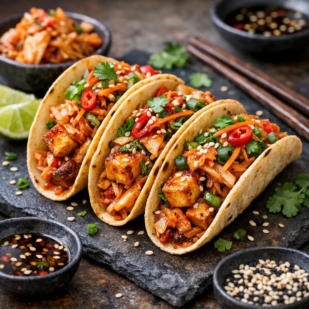 Asian Style Tofu and Kimchi Fried Tacos