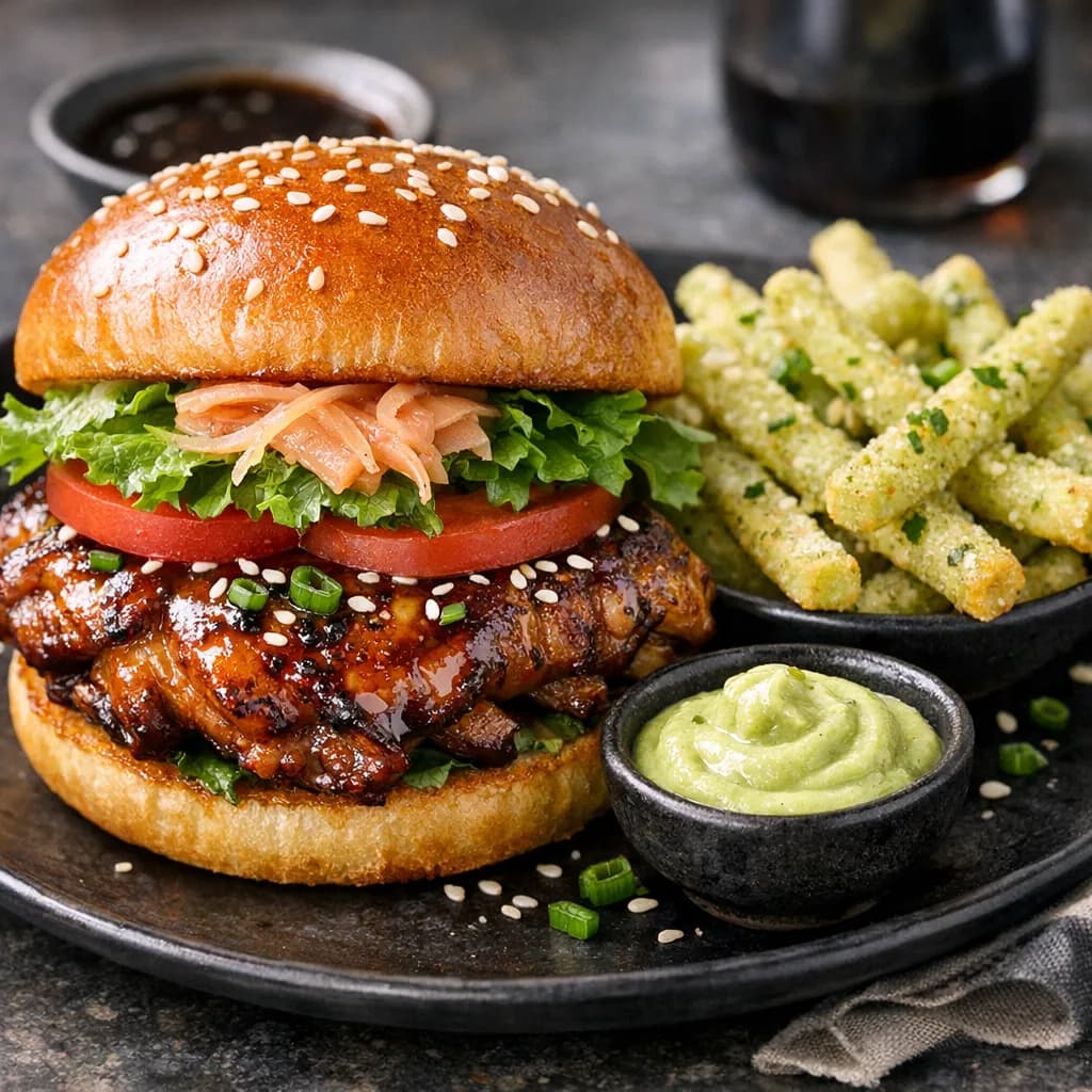 Asian Teriyaki Chicken Burger with Wasabi Fries
