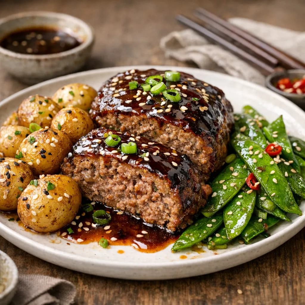 Asian-Style Beef Meatloaf with Ginger Soy Glaze, Sesame Potatoes, and Stir-Fried Snow Peas