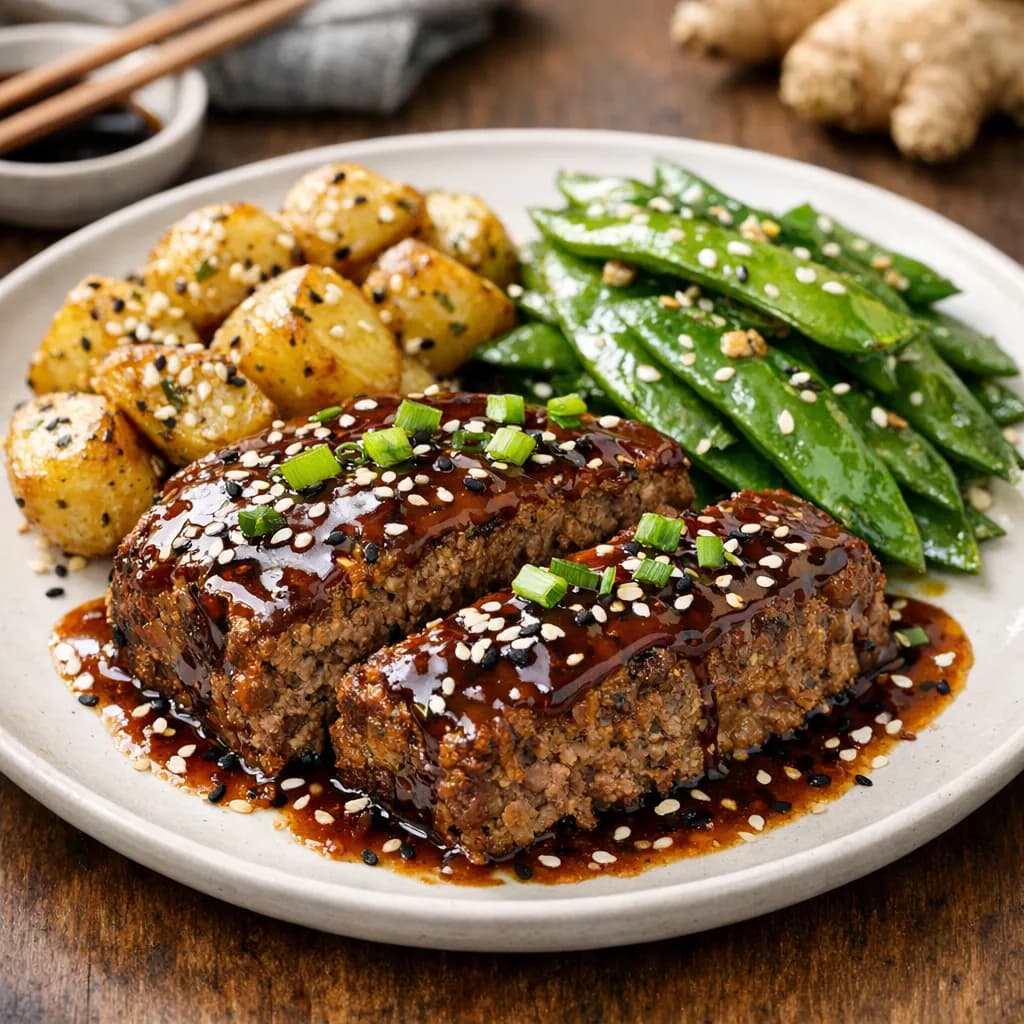 Asian-Style Beef Meatloaf with Ginger Soy Glaze, Sesame Potatoes, and Stir-Fried Snow Peas