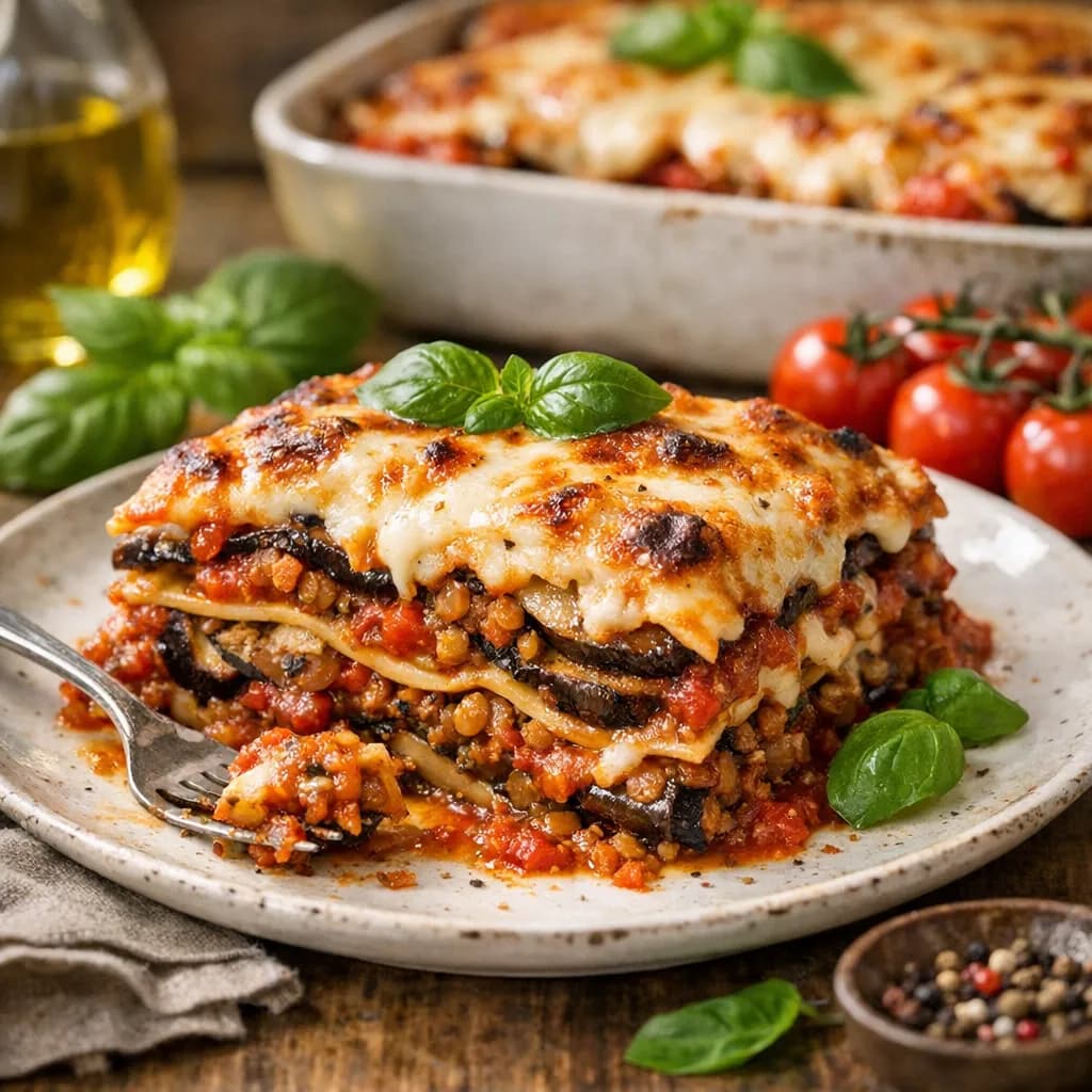 Auberginen-Linsen-Lasagne mit Tomaten und Mozzarella