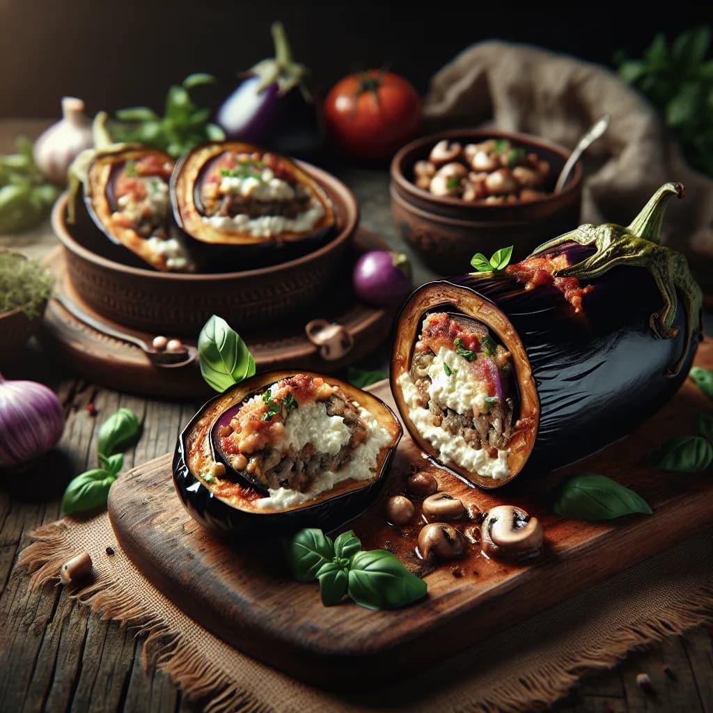 Aubergines farcies à la ricotta et champignons