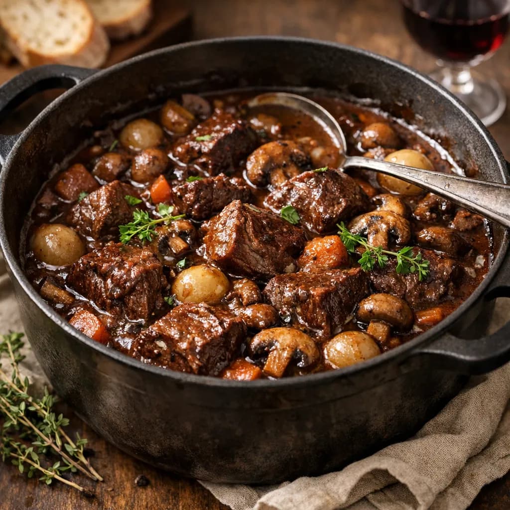 Bœuf braisé au vin rouge et champignons