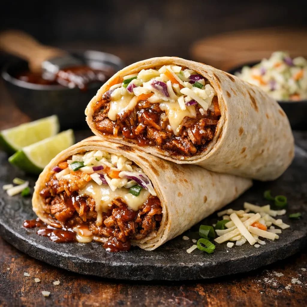 BBQ Pulled Pork Burrito with Coleslaw and Monterey Jack