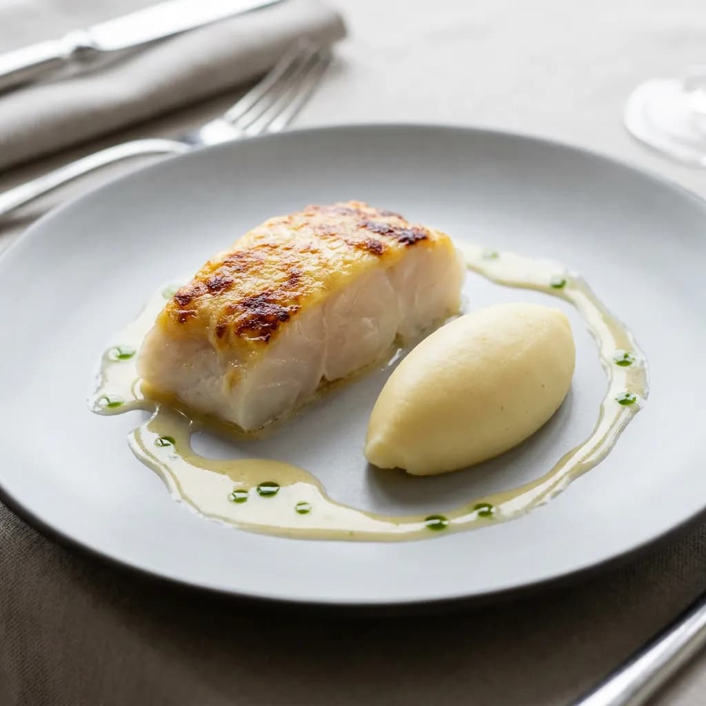Bacalao confitado con costra de gruyère y quenelle de patata