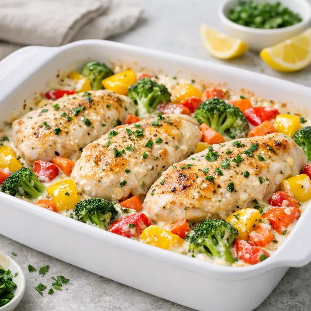 Baked Creamy Chicken and Rainbow Veggies