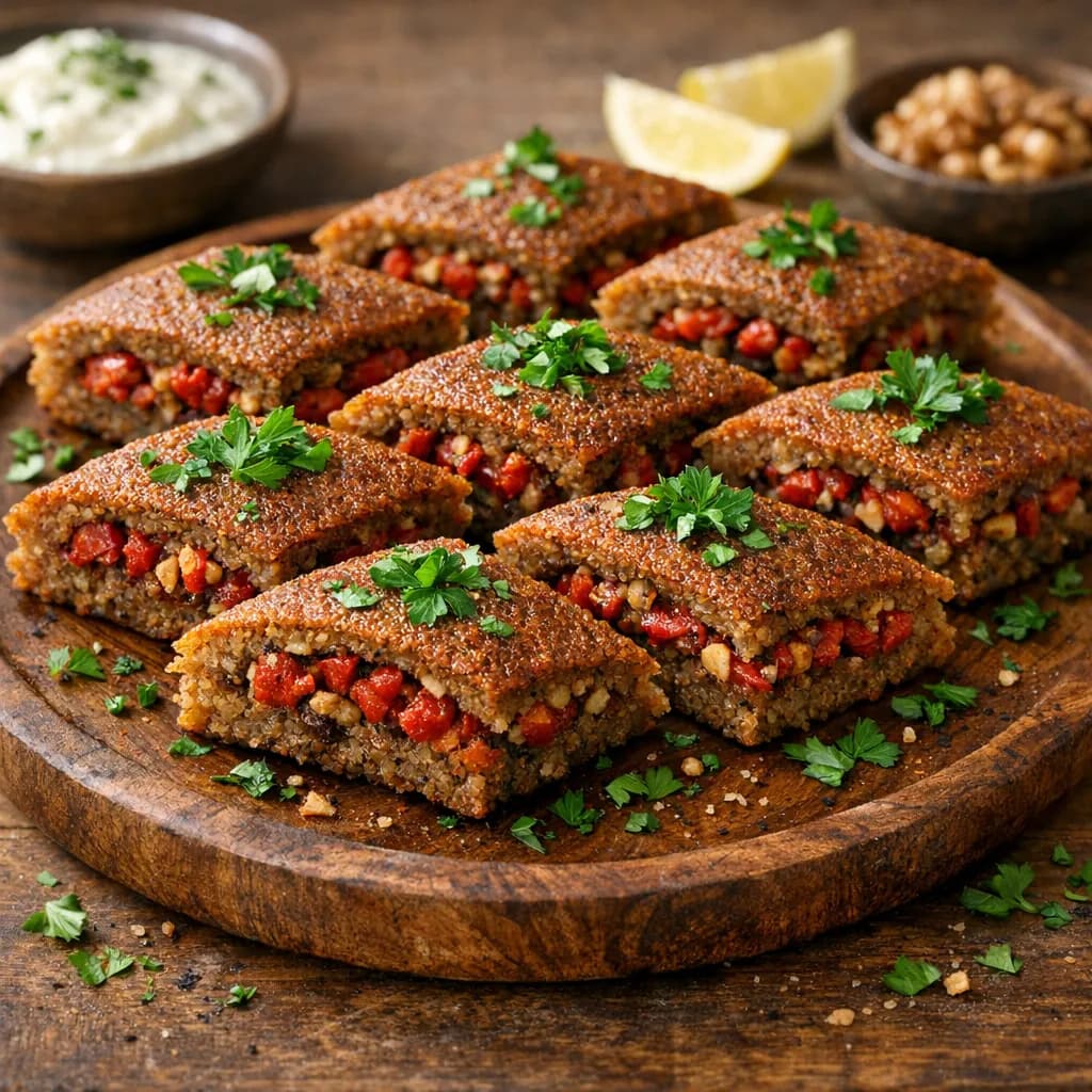 Baked Kibbeh with Roasted Red Pepper and Walnut Filling