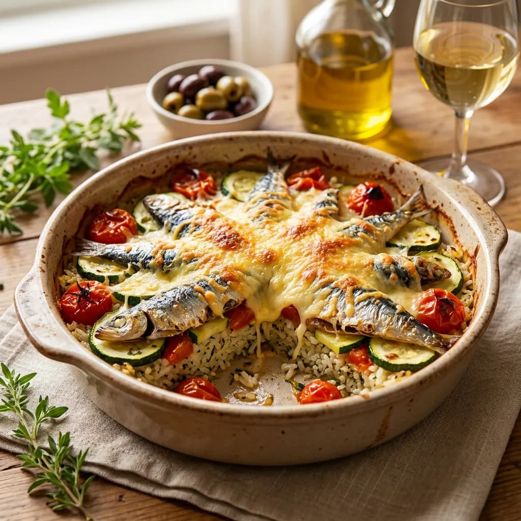 Baked Sardine, Zucchini and Rice Casserole