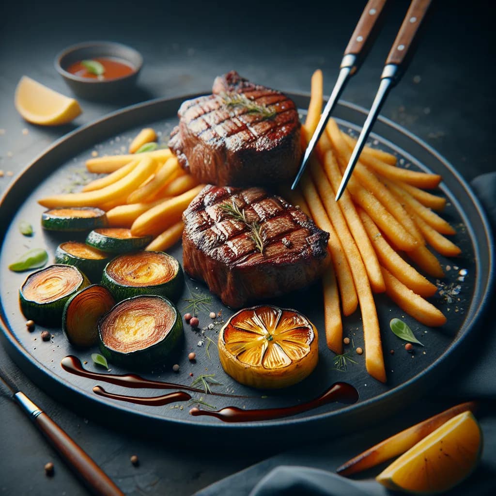 Beef Chops with Skinny Fries and Roasted Veggies