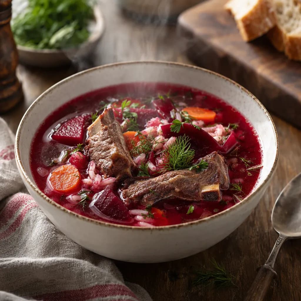 Beef Spare Rib, Beet and Rice Soup