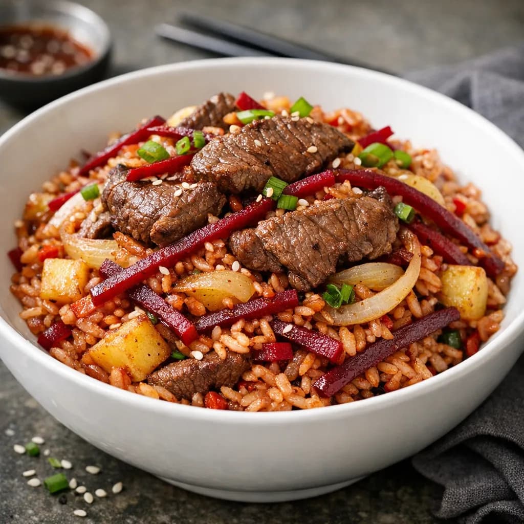 Beef and Beetroot Stir-Fried Rice