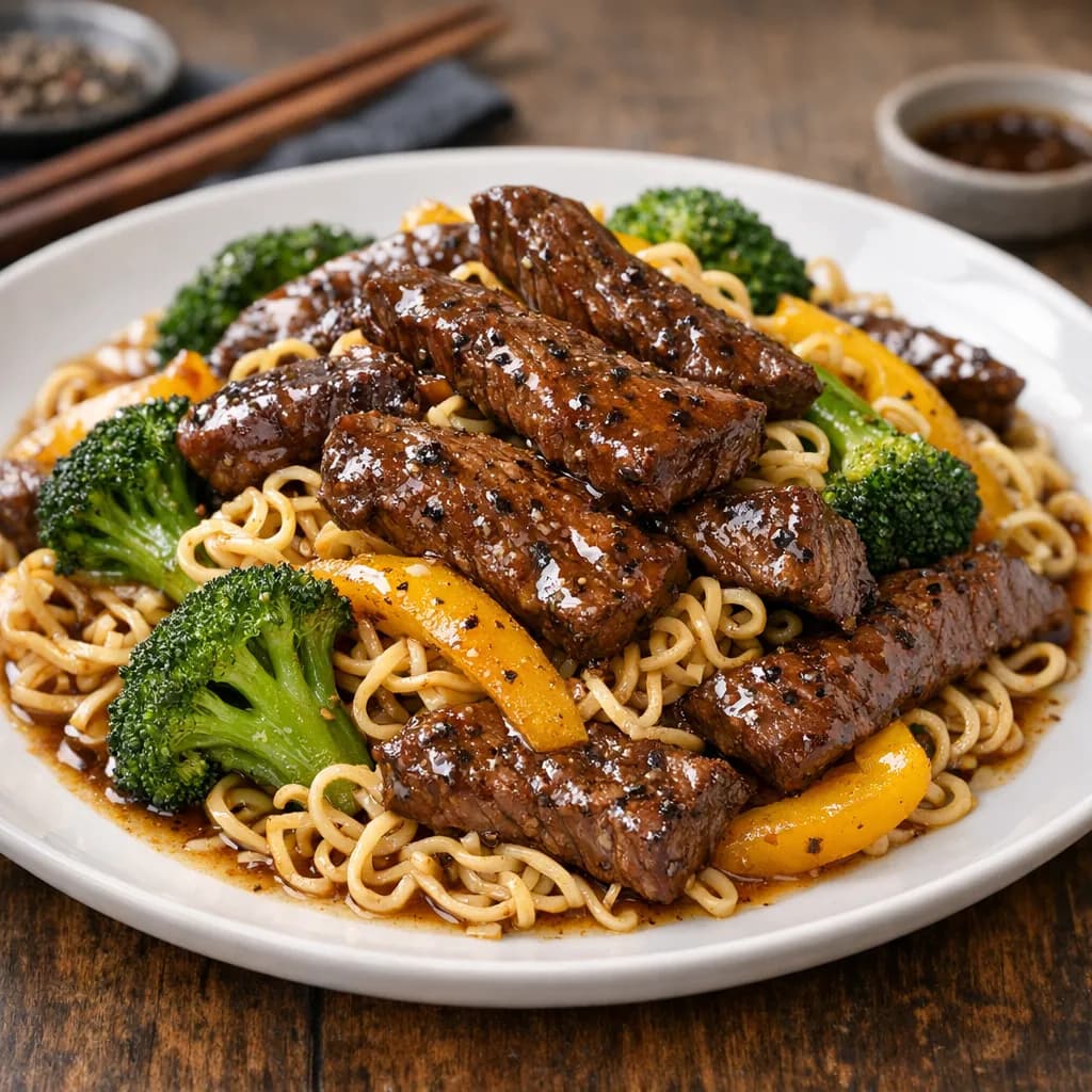 Black Pepper Steak with Broccoli and Ramen