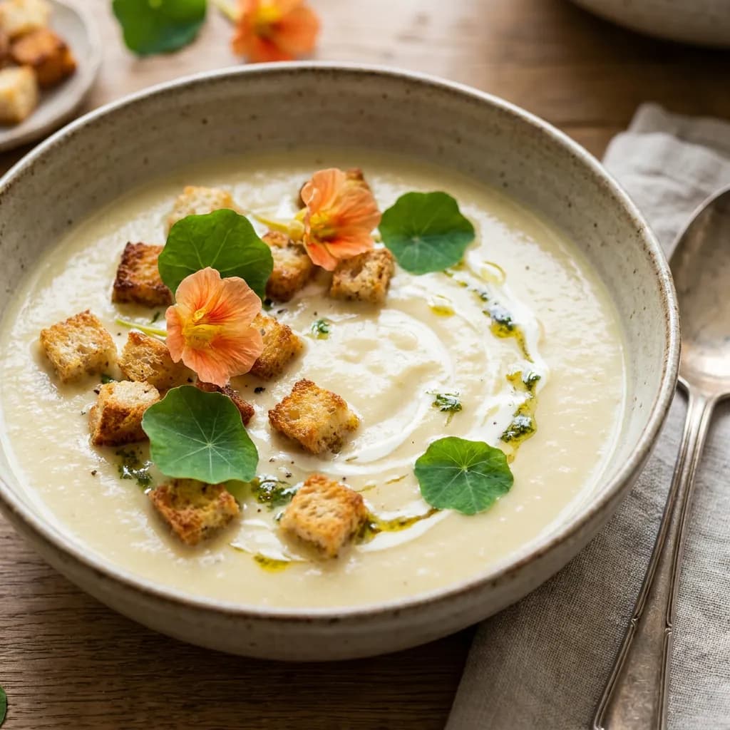 Blumenkohl-Kapuzinerkresse-Suppe mit knusprigen Brotwürfeln