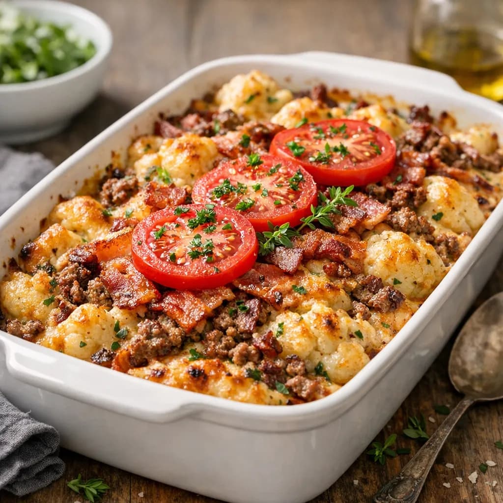 Blumenkohl-Kartoffel-Auflauf mit Hackfleisch und Bacon