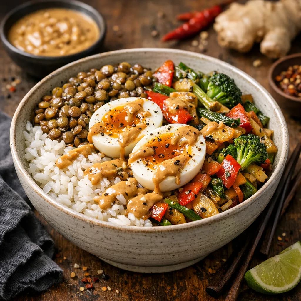 Bol épicé de riz, lentilles et légumes sautés aux œufs mollets