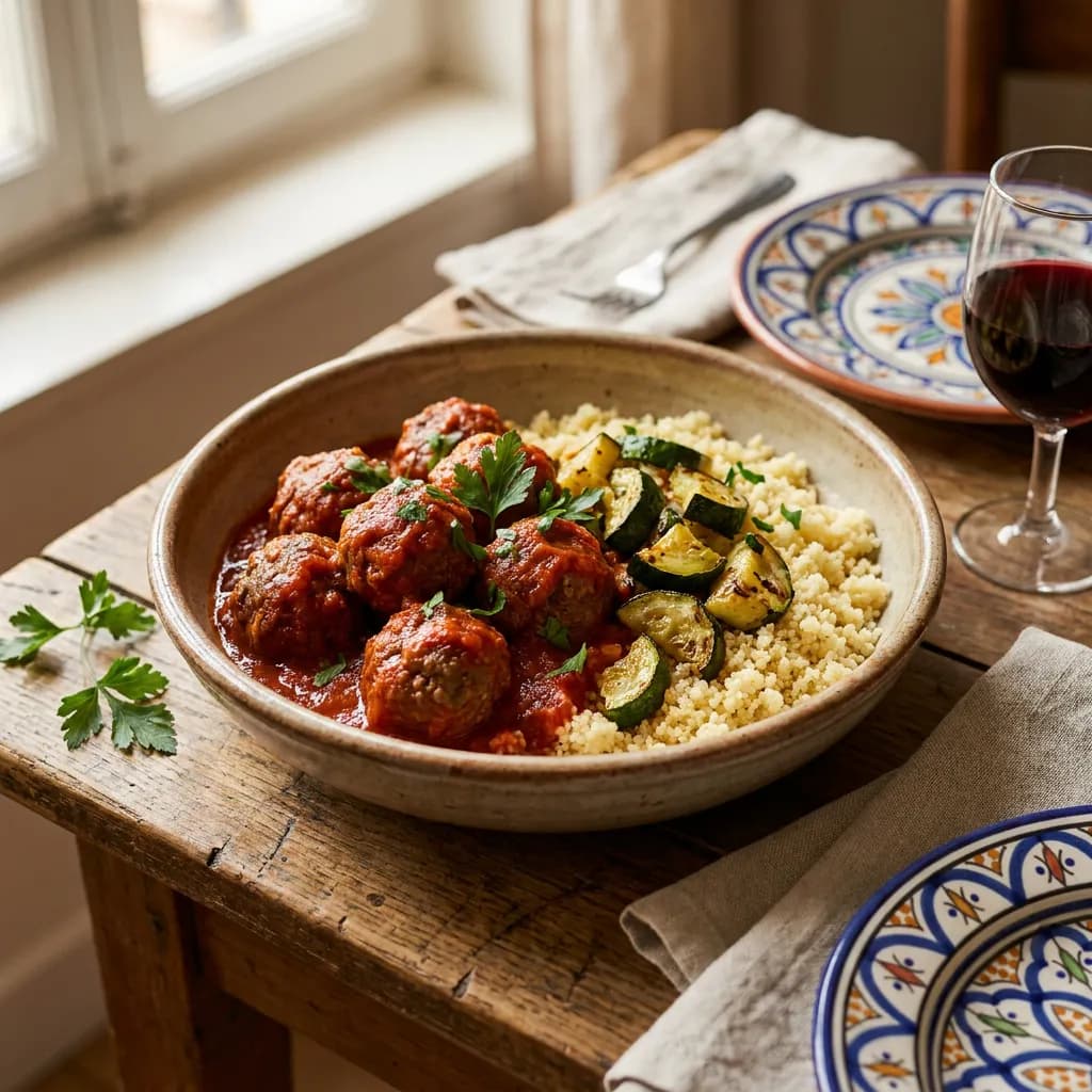 Boulettes de viande hachée, sauce tomate et couscous aux courgettes