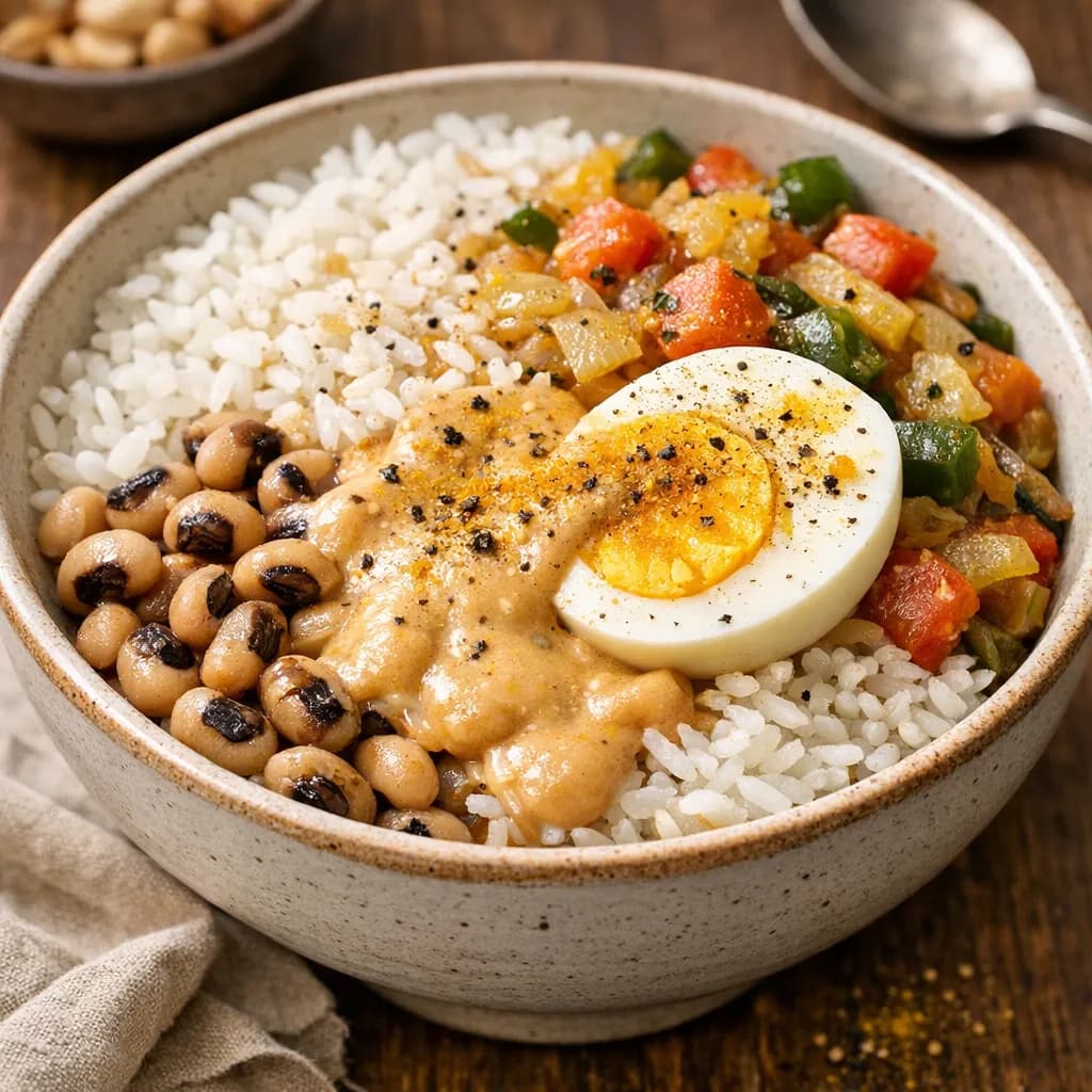 Bowl chaud riz niébé œuf sauce cacahuète