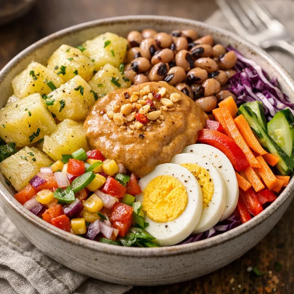 Bowl niébé-pommes de terre, légumes croquants et oeuf