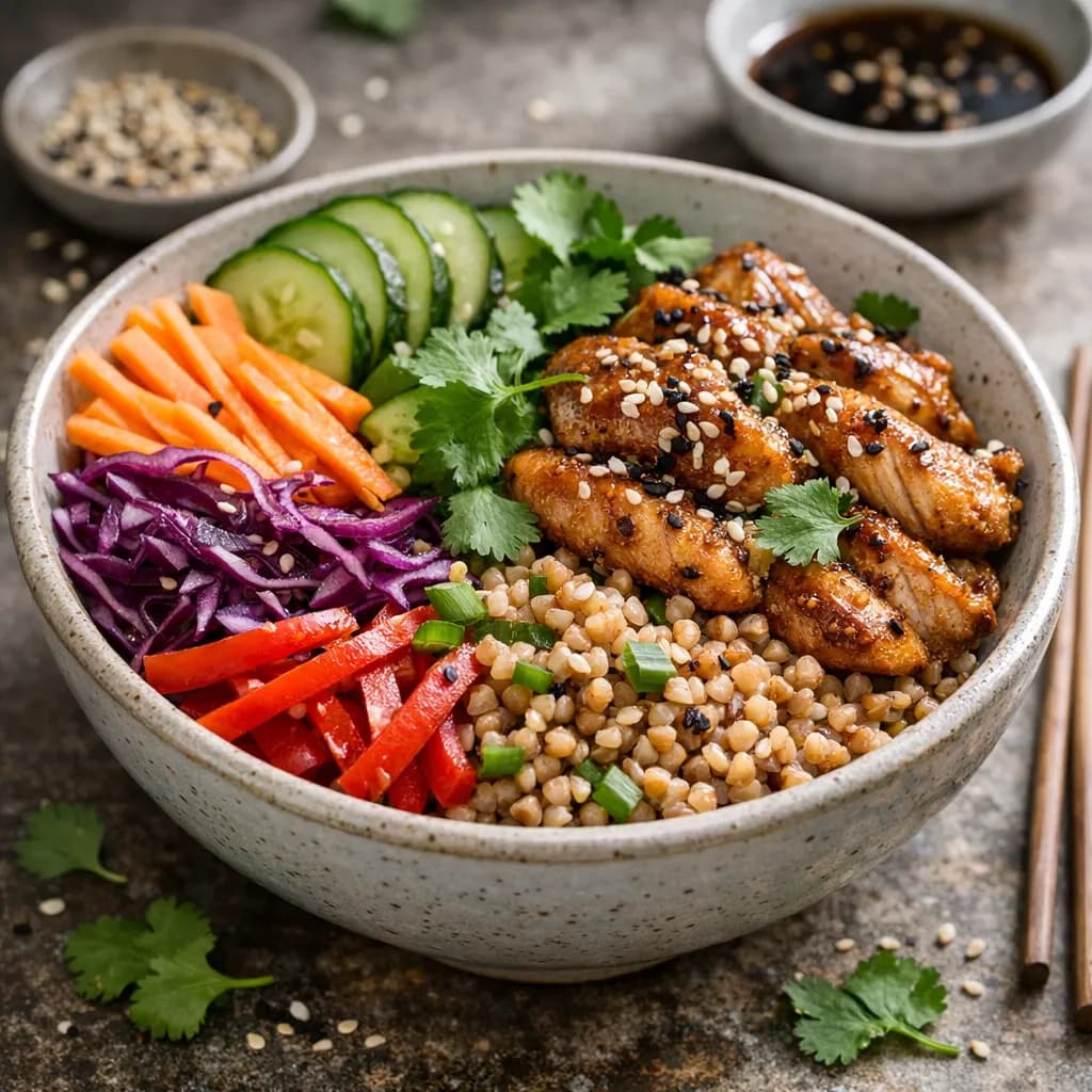 Bowl sarrasin, poulet mariné et légumes croquants