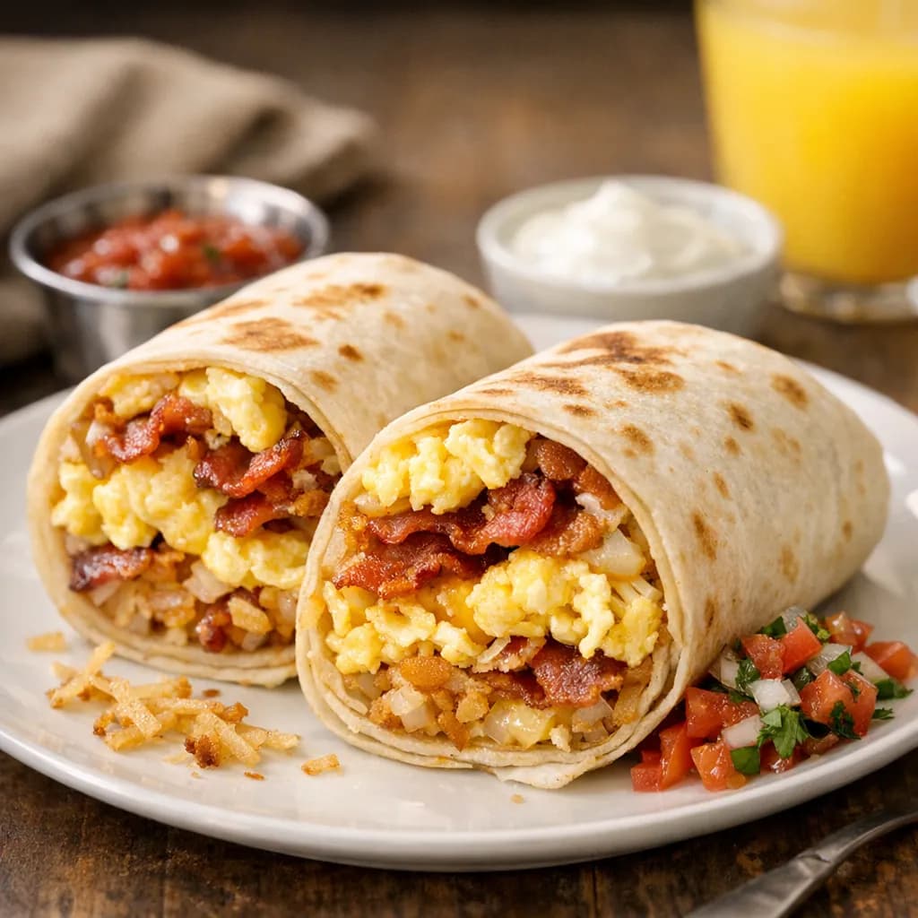 Breakfast Burrito with Bacon, Eggs, and Hash Browns
