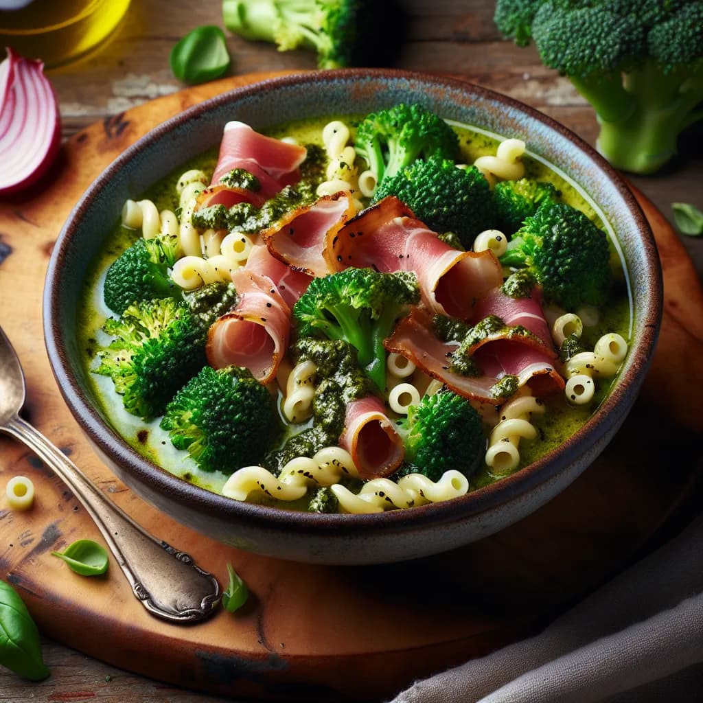 Brilliant Broccoli and Prosciutto Pesto Soup over Macaroni