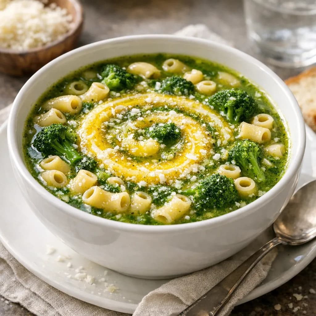 Broccoli and Elbows Soup with Parmesan Butter Swirl