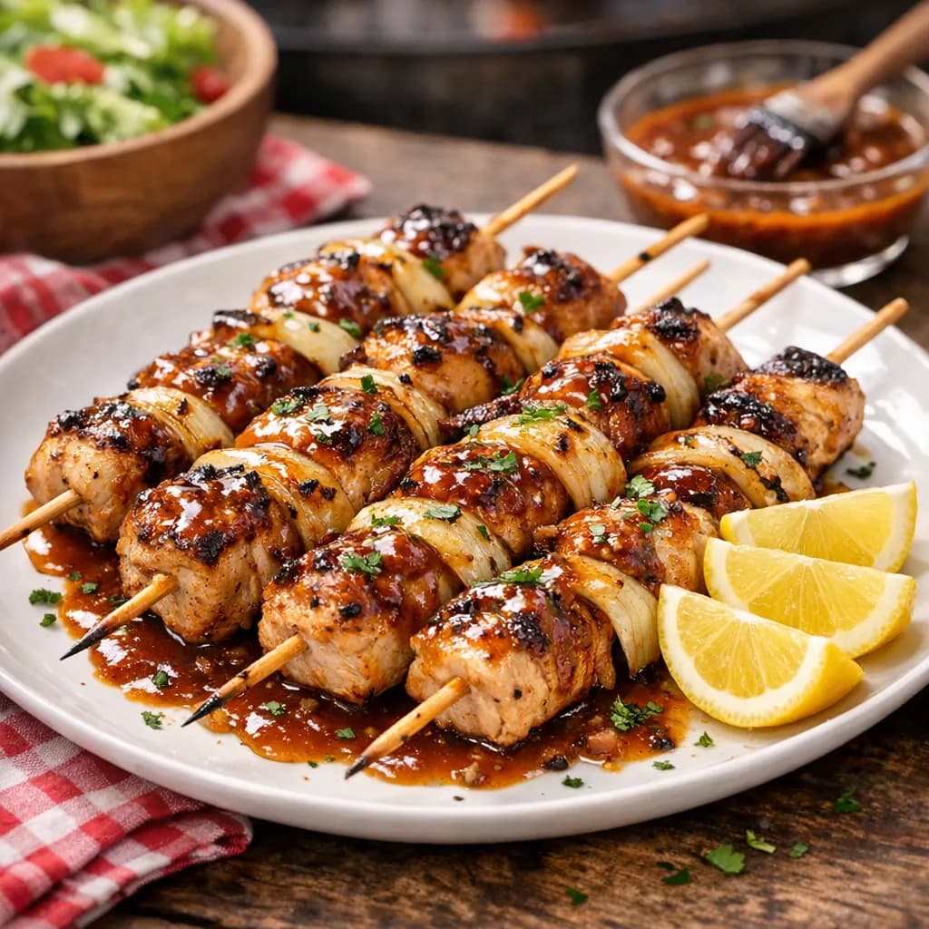 Brochettes de dinde sauce steak, oignons et citron