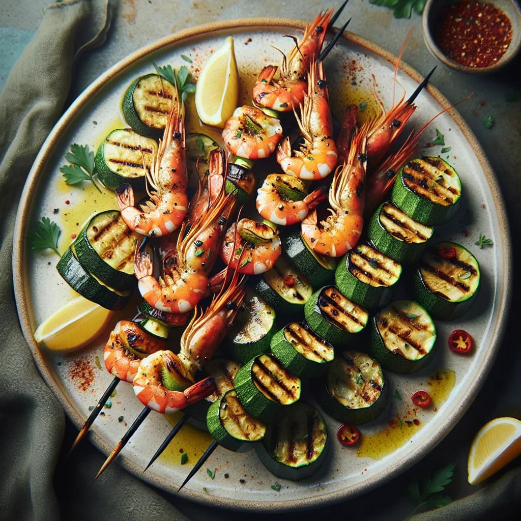 Brochettes de gambas et courgettes