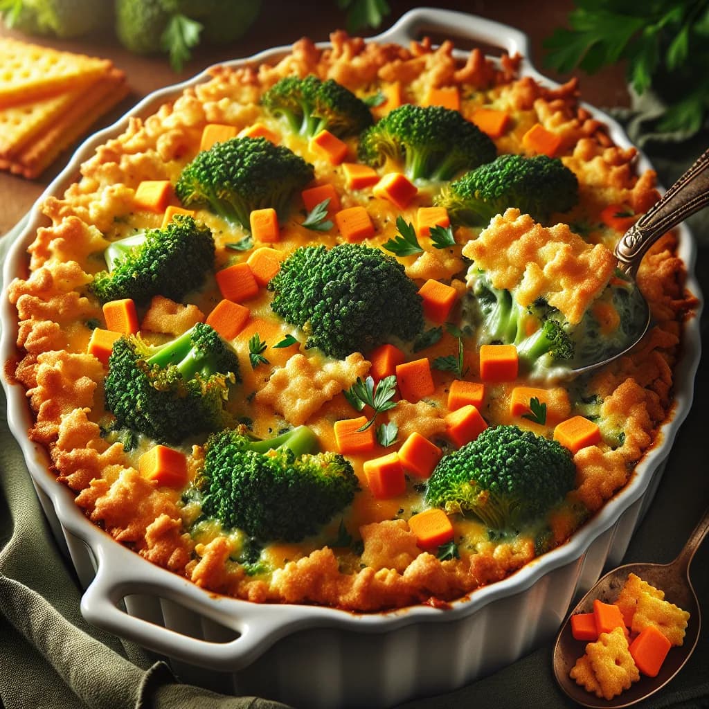 Brokkoli-Karotten-Auflauf mit Käsesnack-Kruste