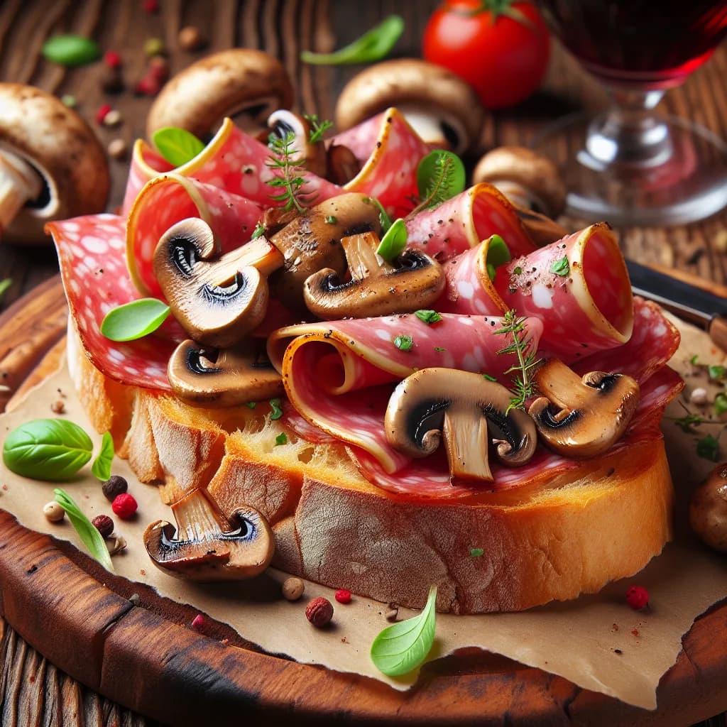 Bruschetta con Mortadella e Funghi